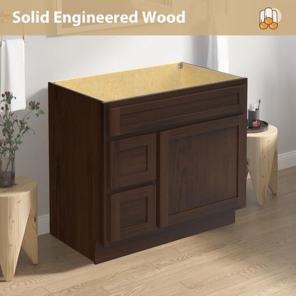 HomeBeyond 36 Inch Bathroom Vanity Base Only, Single Vanity Cabinet with 2 Side Dove-Tailed Drawers, Composable Floor Mount Cabinets Without Top, Rustic Brown