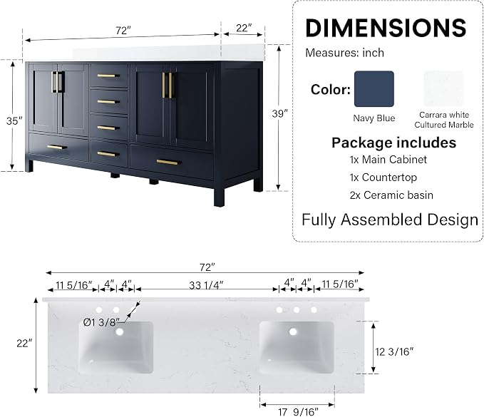 72-Inch Bathroom Vanity with Sink, 4 Soft-Close Doors and 6 Soft-Close Drawers, Bathroom Freestanding Vanity with Cultured Marble Countertop, Navy Blue Vanity W/Gold Handles