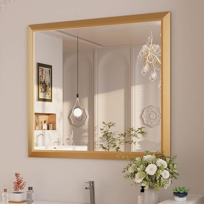 Bathroom Mirror for Wall, 40 X36 Inch (Brushed Gold Frame) | Thick Metal Framed, HD Reflection, Anti-Rust, Hang Horizontally/Vertically, Suitable for Bathroom, Farmhouse, Entryway
