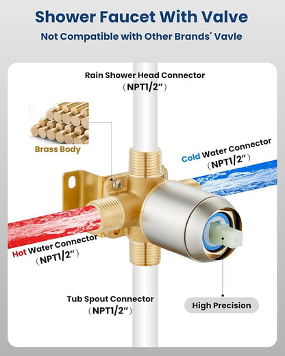 Airuida Shower Faucet Set with Tub Spout,8" Bathtub Faucet-Brushed Nickel | Male Threads Rough-In Valve,Round Head Shower System,Tub and Shower Kit Set