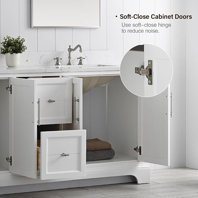 Vanity Art 72 Inch Bathroom Vanity with Double Sink, White | Solid Wood, Ceramic Sink, Marble Top, Waterproof Backsplash, Pre-assembled, Soft-close Doors, Ample Storage, Freestanding