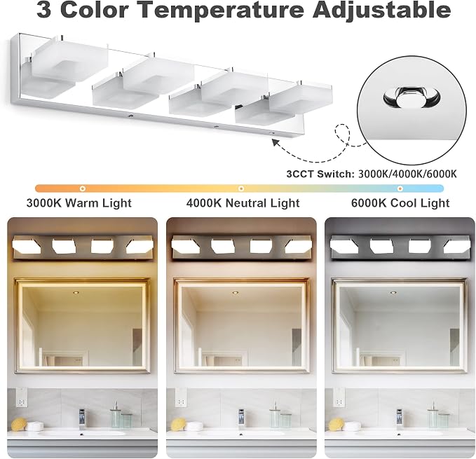 GOODATE 3 Colors Dimmable Vanity Lights for Bathroom, LED Chrome 4 Light Vanity Light, Acrylic Stainless Steel Bathroom Light Fixtures Over Mirror, Adjustable 3000K/4000K/6000K, 360° Rotate
