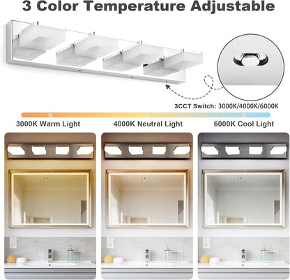 GOODATE 3 Colors Dimmable Vanity Lights for Bathroom, LED Chrome 4 Light Vanity Light, Acrylic Stainless Steel Bathroom Light Fixtures Over Mirror, Adjustable 3000K/4000K/6000K, 360° Rotate