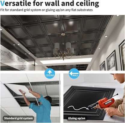 Art3d PVC Ceiling Tiles, 3D Plastic Sheet in Black, 2 x 2 ft, 24-Pack | Lightweight, Waterproof, No Sag and Breakage, Compatible with Grid System, Perfect for Basement, Kitchen