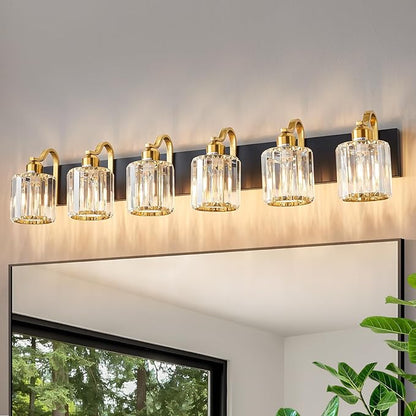 Modern Bathroom Vanity Light 6-Lights Black Gold Crystal Bathroom Wall Light Vanity Light Fixtures with Round Shade (Exclude Bulb)
