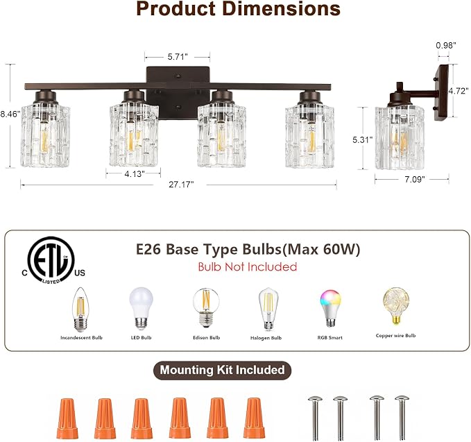 Refice 4-Light Bathroom Vanity Lights Crystal Glass, Oil Rubbed Bronze | Bathroom Light Fixtures Vanity Lighting Over Mirror for Living Room Farmhouse, Hallway