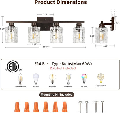 Refice 4-Light Bathroom Vanity Lights Crystal Glass, Oil Rubbed Bronze | Bathroom Light Fixtures Vanity Lighting Over Mirror for Living Room Farmhouse, Hallway