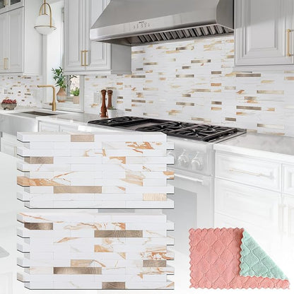 StyloVue 20 Sheets Peel and Stick Backsplash for Kitchen, 2026 Upgraded Calacatta Gold with Metal Glod Look Stick on Tile Upgrade Your Kitchen Backsplash, RV, Fireplace
