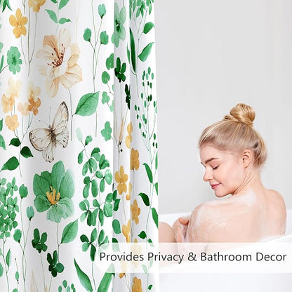 Emerald Green Floral Shower Curtain, Cute Flower Fabric Shower Curtains for Bathroom, Watercolor Wildflower Butterfly Cloth Shower Curtain Set with Hooks, 72x72