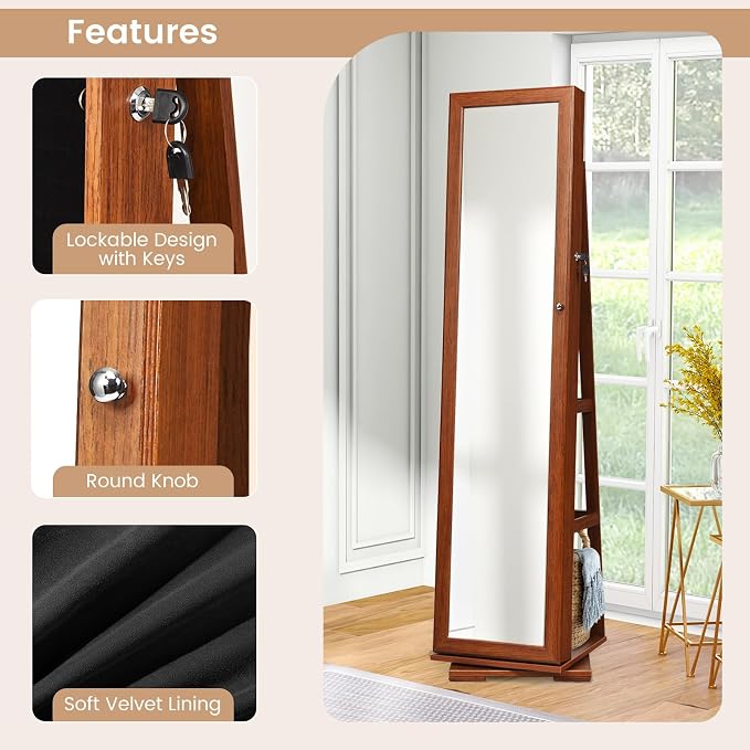 GOFLAME 360° Rotating Jewelry Armoire, Lockable Jewelry Cabinet with Full-Length Mirror & Inner Makeup Mirror, Standing Jewelry Storage Organizer with Rear Storage Shelves, Walnut