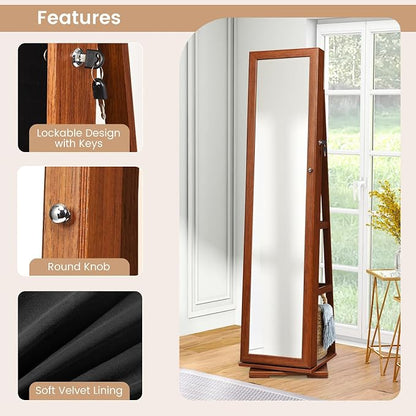 GOFLAME 360° Rotating Jewelry Armoire, Lockable Jewelry Cabinet with Full-Length Mirror & Inner Makeup Mirror, Standing Jewelry Storage Organizer with Rear Storage Shelves, Walnut