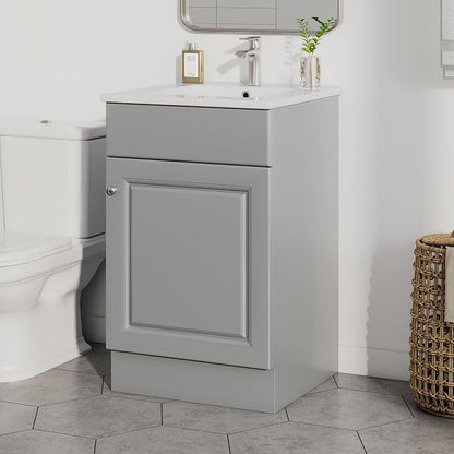 Christopher Knight Home Vanes Wood Frame 20" Bathroom Vanity with Ceramic Sink, Cabinet with Soft-Closing Door Shelf and Adjustable Shelf, Open Back, Metal Hardware, Storage/Organizer, Gray