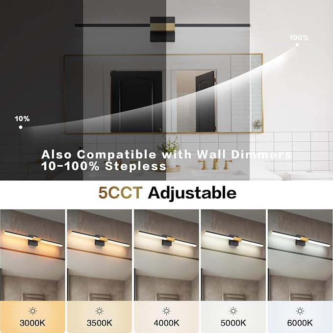 SOLFART Bathroom Vanity Lights 32-Inch: Black and Gold Dimmable 5 Color Temperature 360 Degree Rotation Bathroom Lights Over Mirror ETL IP44