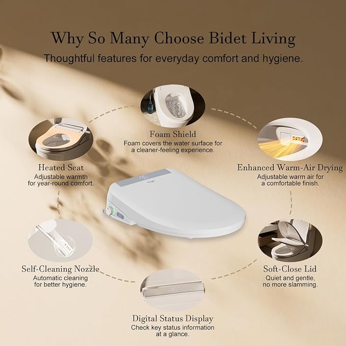 Electric Bidet Toilet Seat Elongated with Warm Water Wash | Heated Seat, Warm Air Dryer, Remote Control, Self-Cleaning Nozzle, LED Night Light, Soft Close Lid