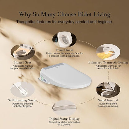 Electric Bidet Toilet Seat Elongated with Warm Water Wash | Heated Seat, Warm Air Dryer, Remote Control, Self-Cleaning Nozzle, LED Night Light, Soft Close Lid