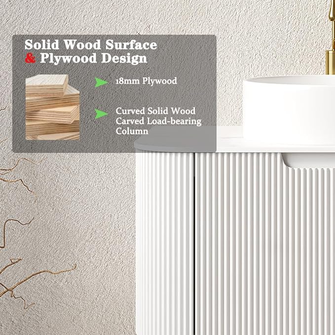 24'' Bathroom Vanities Cabinet with Sink Combo, Wall Mounted Floating Cabinet W/Curved Edges Stripes, Oak Plywood, Soft-Close System with a Drawer, White Round Ceramic Basin - Kiel, White