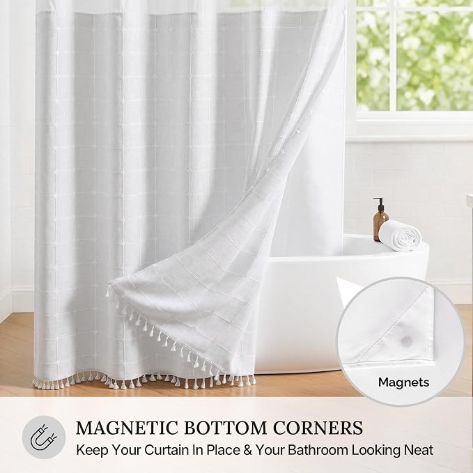 RiverDream Farmhouse No Hooks Shower Curtain with Snap-in Liner,White,71x86 | Snap on Fabric Liner,Heavy Duty,Quick Dry,Mesh Top Window,With Bottom Magnets,Washable,with Tassels,Extra Long Size