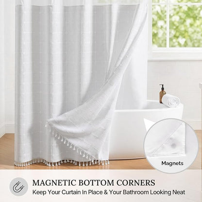 RiverDream Farmhouse No Hooks Shower Curtain with Snap-in Liner,White,71x74 | Snap on Fabric Liner,Heavy Duty,Quick Dry,Mesh Top,With Bottom Magnets,Washable,with Tassels,Standard Size