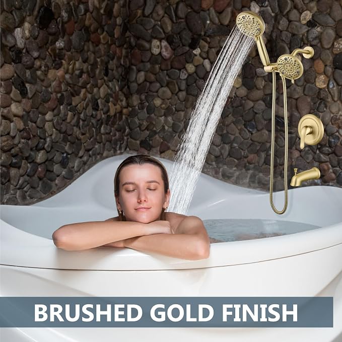 Aolemi Tub Shower Faucet Set Dual 8 Mode Head Valve Kit Brushed Gold | Valve and Trim Kit, ABS Shower Head and Handheld System, Bathroom Bath Tub Spout 6.3",SUS304,Single Handle