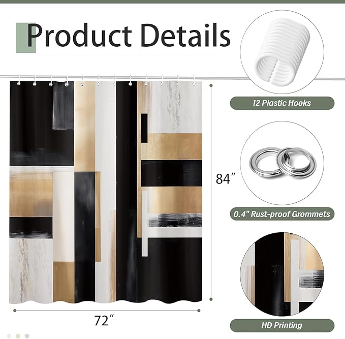 Black and Gold Abstract Shower Curtain Set, Modern Art Aesthetic Oil Painting Shower Curtain, Boho Neutral Artistic Fabric Waterproof Bathroom Curtains with 12PCS Hooks 72X84IN Brown Beige