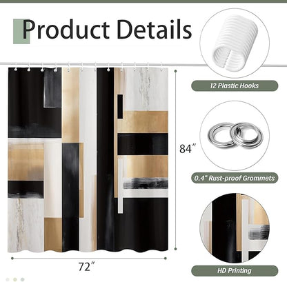 Black and Gold Abstract Shower Curtain Set, Modern Art Aesthetic Oil Painting Shower Curtain, Boho Neutral Artistic Fabric Waterproof Bathroom Curtains with 12PCS Hooks 72X84IN Brown Beige