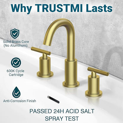 TRUSTMI Bathroom Faucet 3 Hole Brushed Gold - 8 Inch Widespread Brass Bathroom Vanity Sink Faucets in Gold with Swivel Spout, Include Overflow Drain and cUPC Supply Lines