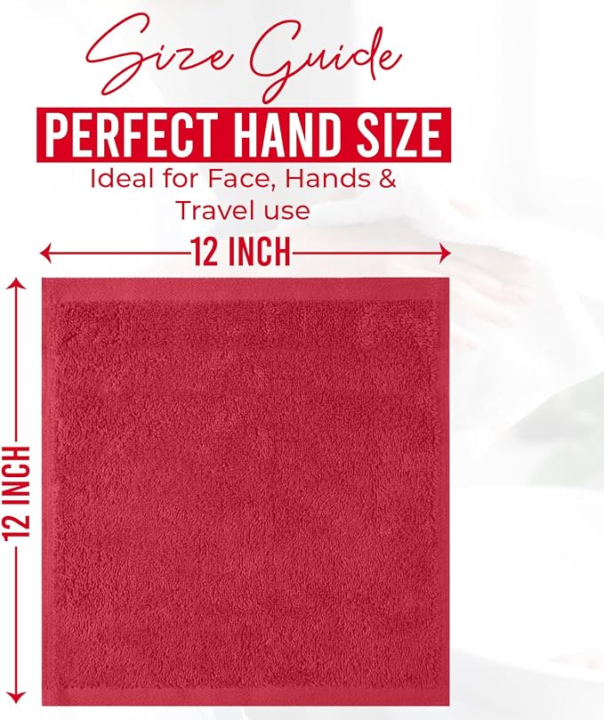 DAN RIVER 24 Pack Cotton Wash Cloths Set for Showering [12x12] Red | Lighter Weight, Quick to Dry, Super Soft & Absorbent Face Towels, Hotel Quality, Perfect for Bathroom, Gym, Spa