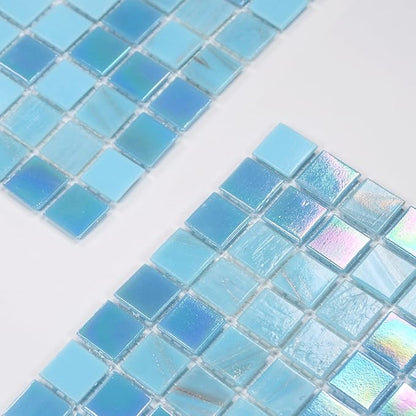 11.5 sq.ft Iridescent Blue Glass Mosaic Tile for Bathroom, Pool, Backsplash | Waterproof Wall & Floor Tile. Heat & frost resistant outdoors. Mesh-mounted easy install. Use any grout. Easy clean. 10pcs.