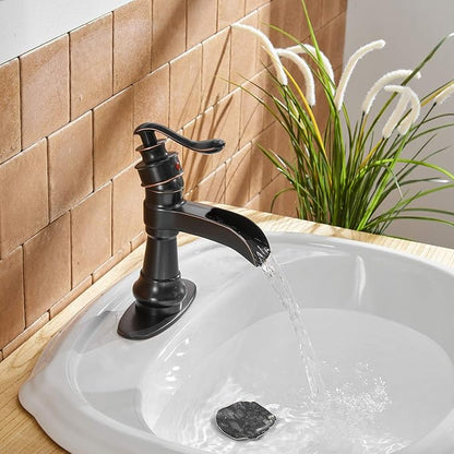 BWE Bathroom Sink Faucet Oil Rubbed Bronze Waterfall Bathroom Faucets for Sink 1 Hole Single with Pop Up Drain Assembly and Supply Hose Single Handle Farmhouse Vanity Bath Faucet