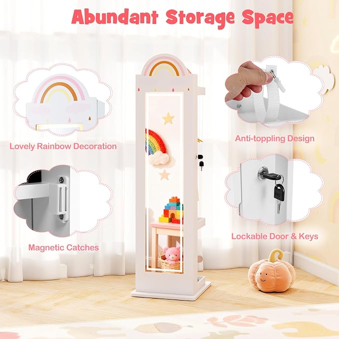 HONEY JOY Kids Jewelry Cabinet with LED Lights, Rainbow Standing Jewelry Armoire w/Full-Length Mirror & Makeup Mirror, Ring Slot, Lockable Princess Jewelry Organizer Storage for Toddler Girls(White)