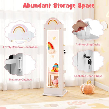 HONEY JOY Kids Jewelry Cabinet with LED Lights, Rainbow Standing Jewelry Armoire w/Full-Length Mirror & Makeup Mirror, Ring Slot, Lockable Princess Jewelry Organizer Storage for Toddler Girls(White)