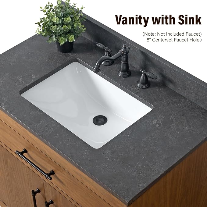 HOMEBEYOND 36" Bathroom Vanity with Single Sink & Ceramic Top, MDF Material Vanity Cabinet with Basin Combo, Soft-Closing Doors, Removable Shelf, Backsplash, Tan
