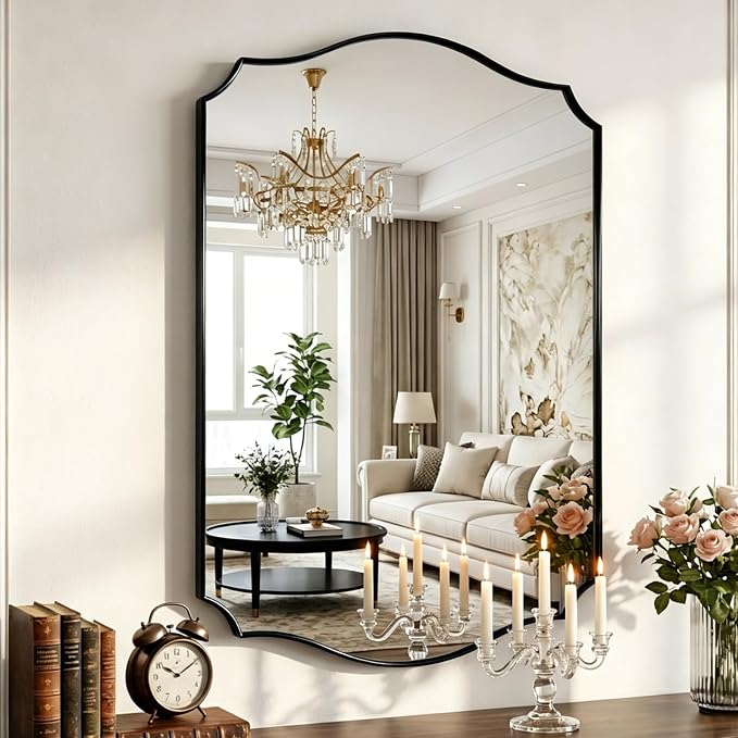 Black Vanity Wall Mirror 39"x29", Scalloped Edge Bathroom Mirror | Rust-Proof Metal Frame, Hangs Vertically/Horizontally, Decorative Bathroom Mirror, For Vanity, Bedroom & Entryway