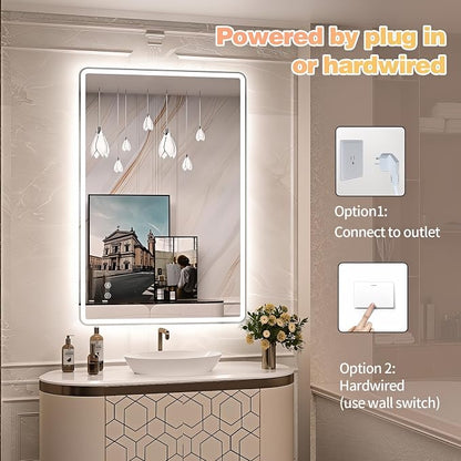 Niccy Rectangle LED Bathroom Mirrors, Vanity Mirror with Lights, 30"x48" | Frameless Lighted Mirror for Bedroom Living Room, 3 Colors & Stepless Dimmable Anti-Fog Memory Function, Horizontal/Vertical
