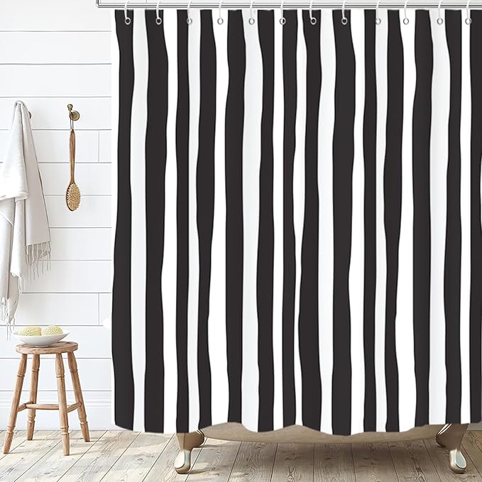 Black and White Extra Long Shower Curtain, Striped Boho Minimalist Modern Waterproof Fabric Machine Washable for Bathroom Bathtub with Hooks 72Wx84H