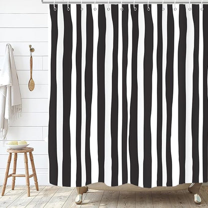Black and White Extra Long Shower Curtain, Striped Boho Minimalist Modern Waterproof Fabric Machine Washable for Bathroom Bathtub with Hooks 72Wx84H