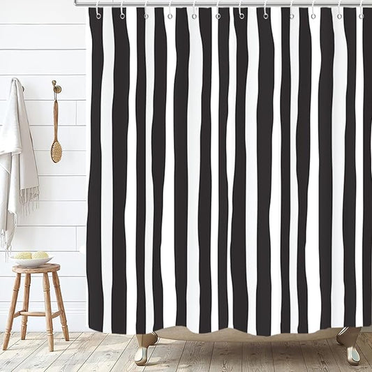Black and White Extra Long Shower Curtain, Striped Boho Minimalist Modern Waterproof Fabric Machine Washable for Bathroom Bathtub with Hooks 72Wx84H
