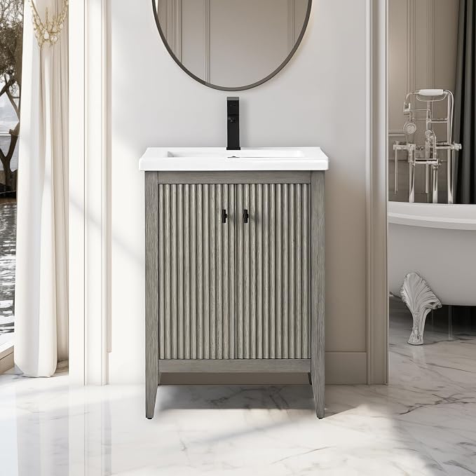 Vanity Art 24 inch Bathroom Vanity with Single Sink & Ceramic Top, Vanity Cabinet with Soft-Closing Door, Solid Wood Frame, Linear Pattern, Driftwood Gray, VA9124-DG-MB,Matte Black Handles