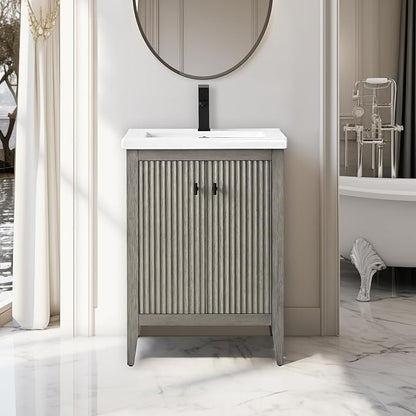 Vanity Art 24 inch Bathroom Vanity with Single Sink & Ceramic Top, Vanity Cabinet with Soft-Closing Door, Solid Wood Frame, Linear Pattern, Driftwood Gray, VA9124-DG-MB,Matte Black Handles