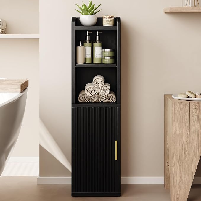 Yoobure Fluted Small Bathroom Storage Cabinet, Narrow Toilet Paper Cabinets | 7.9" D x 7.9" W, Wood Slim Corner Floor Cabinet with Door& Adjustable Shelf, Skinny Bathroom Organizer for Small Spaces,Black