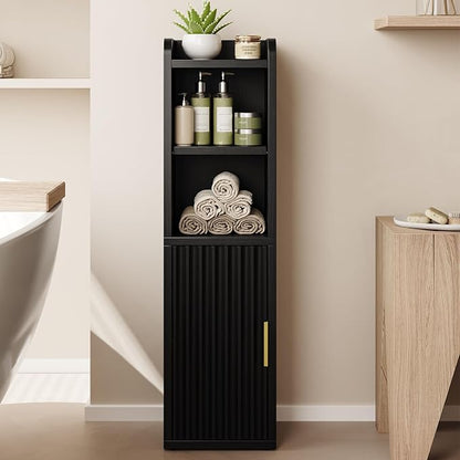 Yoobure Fluted Small Bathroom Storage Cabinet, Narrow Toilet Paper Cabinets | 7.9" D x 7.9" W, Wood Slim Corner Floor Cabinet with Door& Adjustable Shelf, Skinny Bathroom Organizer for Small Spaces,Black
