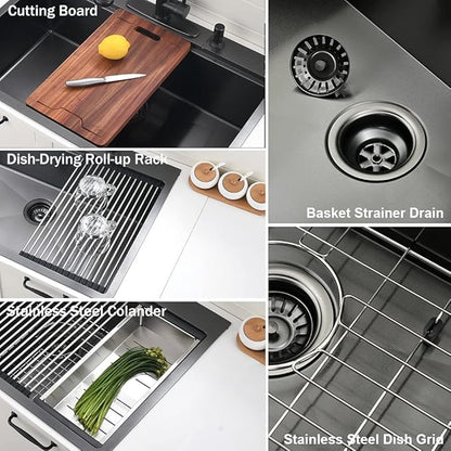 28 Inch Black Drop In Kitchen Sink Workstation - VOKIM 28x22-Inch Drop In sink 16 Gauge Stainless Steel 10'' Deep Single Bowl Handmade Kitchen Sink with Cutting Board & Strainer