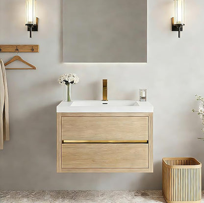 Modern 30" Wall-Mounted Bathroom Vanity with Sink | Floating Storage Cabinet, Stone Resin Countertop, Soft Close Drawers | Natural Oak