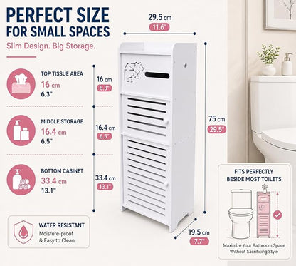 BorealBear Slim Bathroom Storage Cabinet with Louvered Doors for Women, Narrow Freestanding Floor Cabinet to Store Pads Tampons Toiletries, 3-Tier Large Moisture-Resistant Organizer Small Space