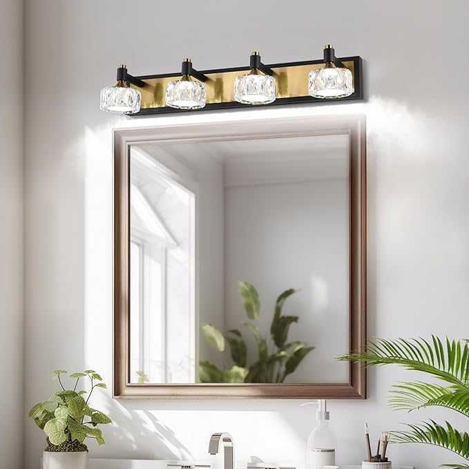 4 Light Bathroom Vanity Light, Dimmable Crystal Modern Bathroom Light Fixtures Over Mirror, Gold and Black Modern Vanity Light, Elegant Water Ripple Wall Sconce Lights