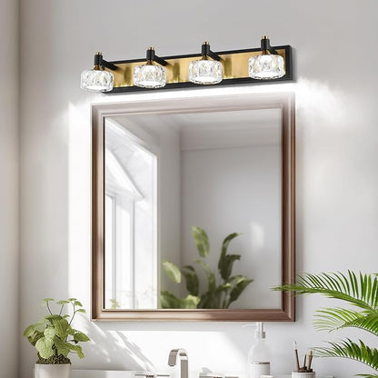 4 Light Bathroom Vanity Light, Dimmable Crystal Modern Bathroom Light Fixtures Over Mirror, Gold and Black Modern Vanity Light, Elegant Water Ripple Wall Sconce Lights