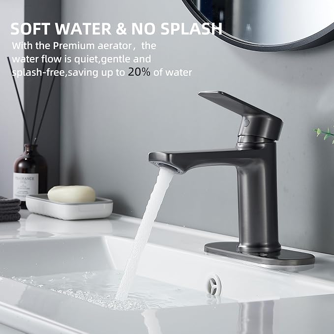 BELZ Grey Bathroom Faucet, Lead-Free 1 or 3 Hole (4") Vanity Sink Faucet | NSF372 Certified, Rustproof & Splash-proof Aerator, Single Handle Modern Design with Pop-up drain & Hoses, Easy DIY Install