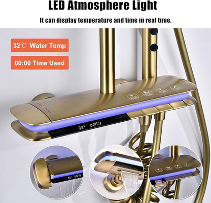 BEITH Thermostatic Shower System, 4 Piano Keys UFO Shower Faucet Set, 31x20cm Square Shower Set, Digital Display, 360° LED Ambient Light, Hydroelectric Power, with Bathtub Faucet (Brushed Gold)