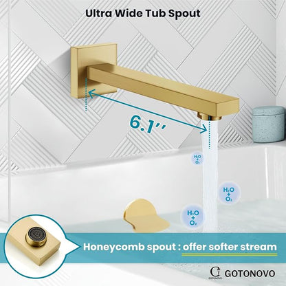 gotonovo Bathtub Shower Faucet Set, 10 Inch Shower Head, Brushed Gold | Wall Mounted Shower System with Tub Spout for Bathroom, Square High Pressure Rain Shower head with Handheld Spray, All Metal
