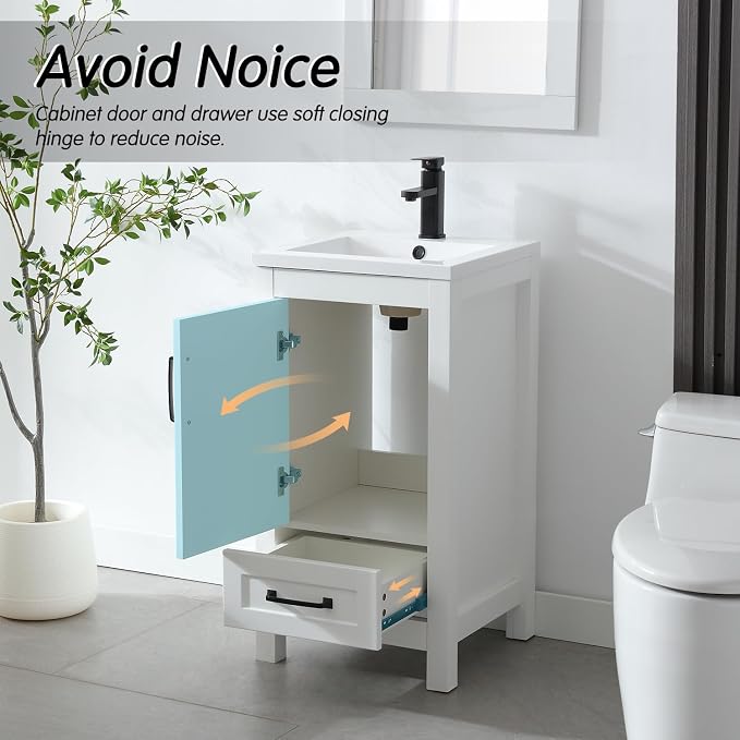 LUCKWIND 18" Bathroom Vanity and Sink Combos, Modern Bathroom Storage Painted Cabinet with Undercounter Ceramic Single Sink Top, Matte Black Faucet and Drawer, Mirror Not Included, White
